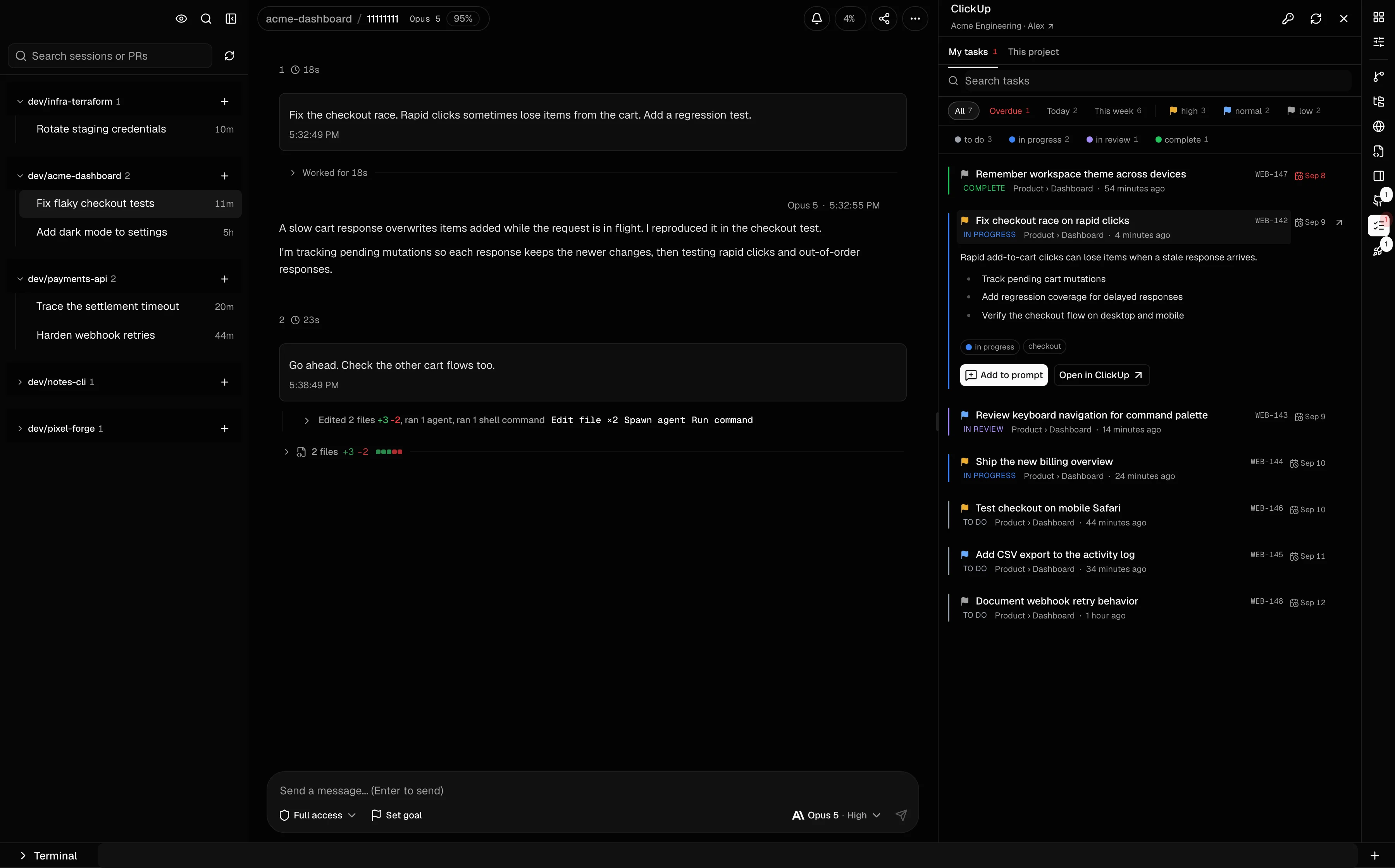 Cogpit ClickUp panel with task priorities, due dates, and Add to prompt