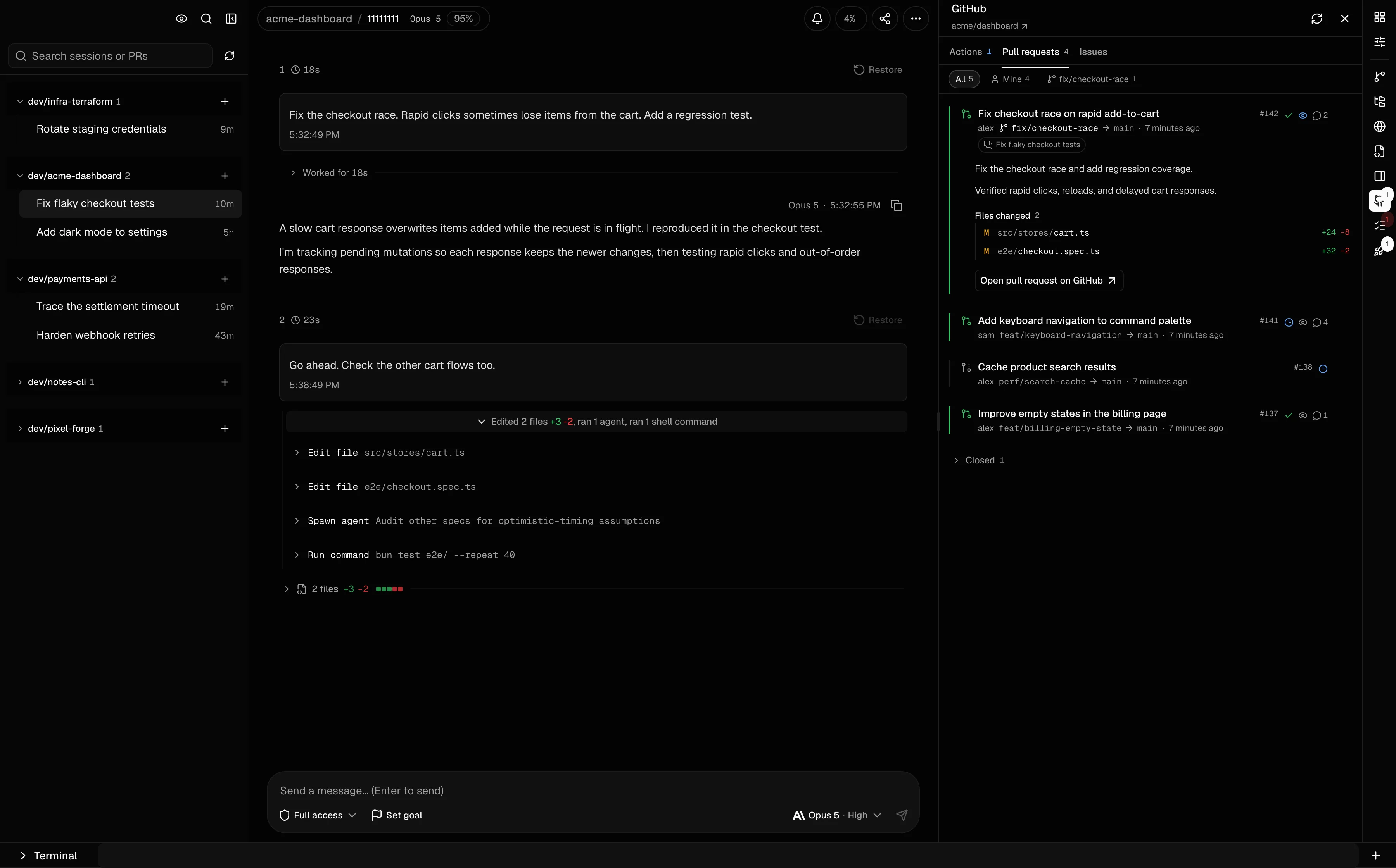 Cogpit GitHub panel with a pull request, changed files, review status, and linked session