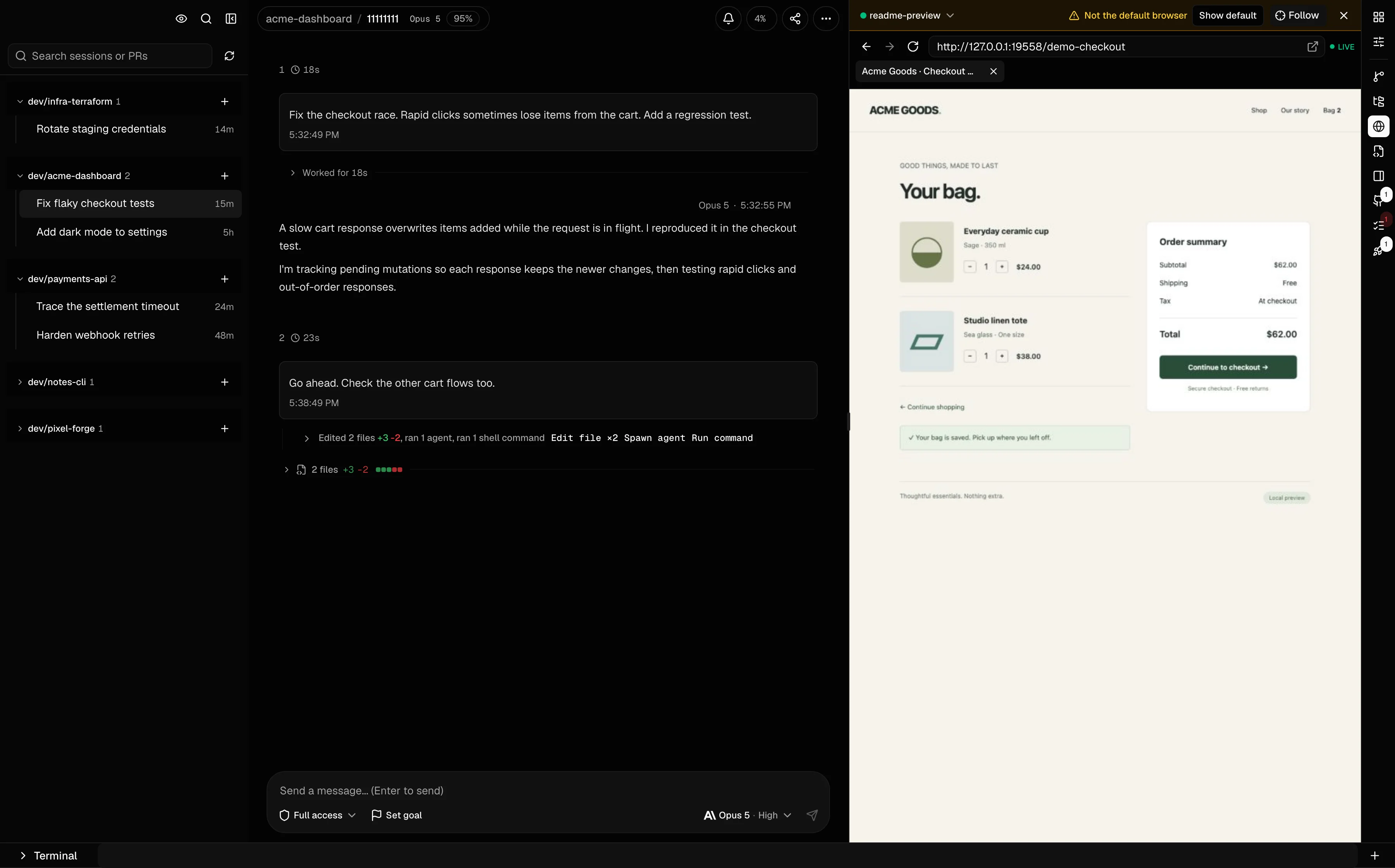 Cogpit demo session beside a live checkout in the shared Browser panel