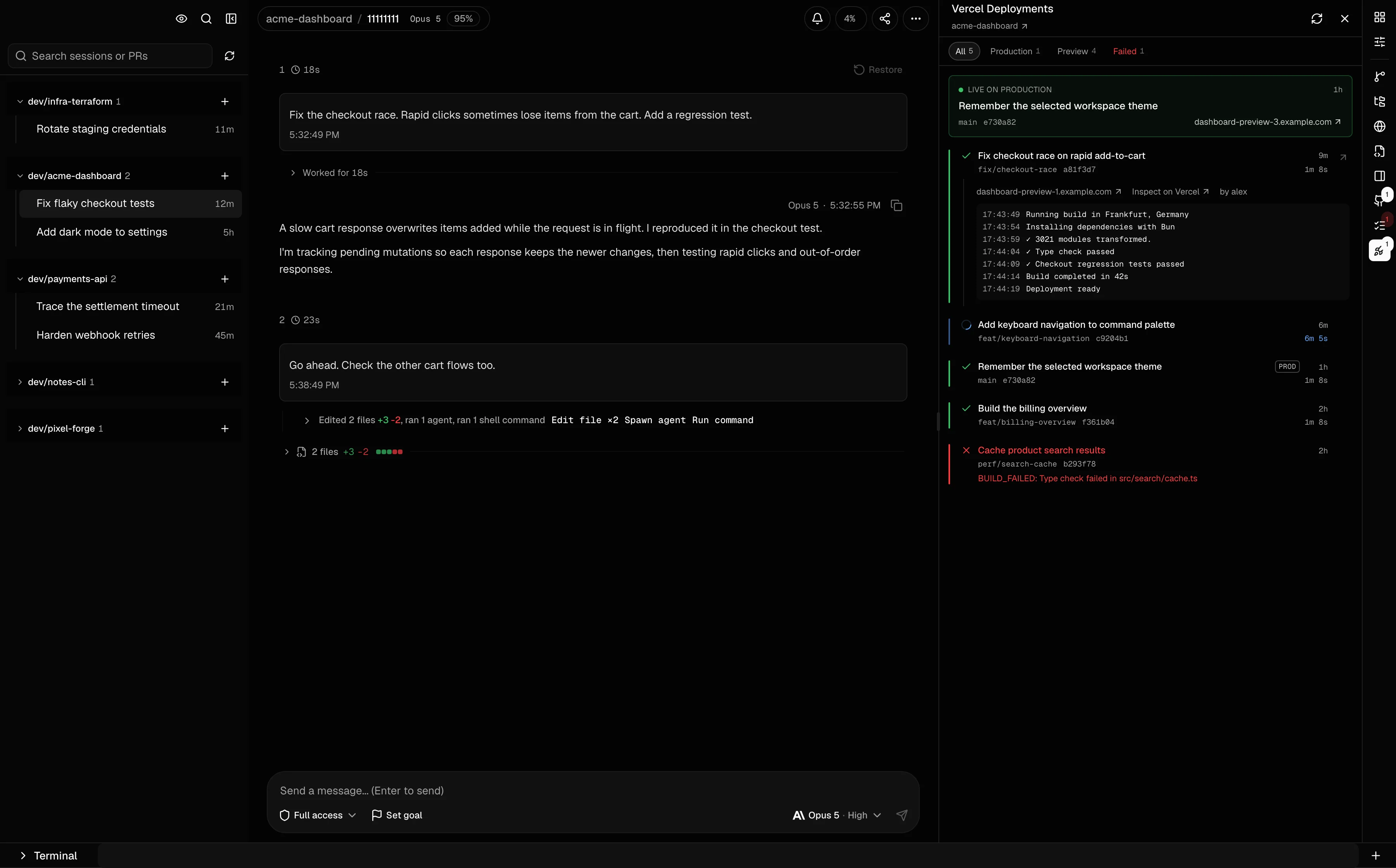 Cogpit Vercel panel with production and preview deployments and expanded build logs